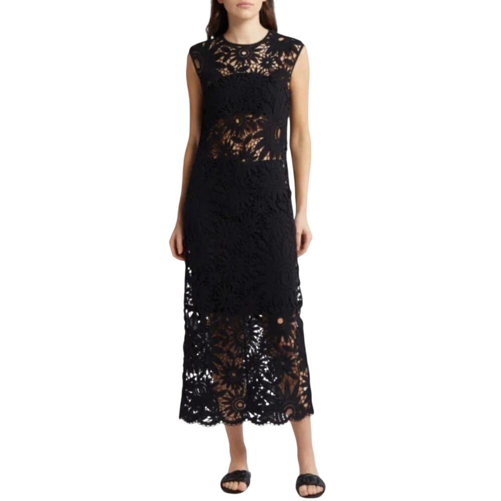 Ted Baker London Corha Crochet Round Neck Midi Sheath‎ Dress in Black Size 6US